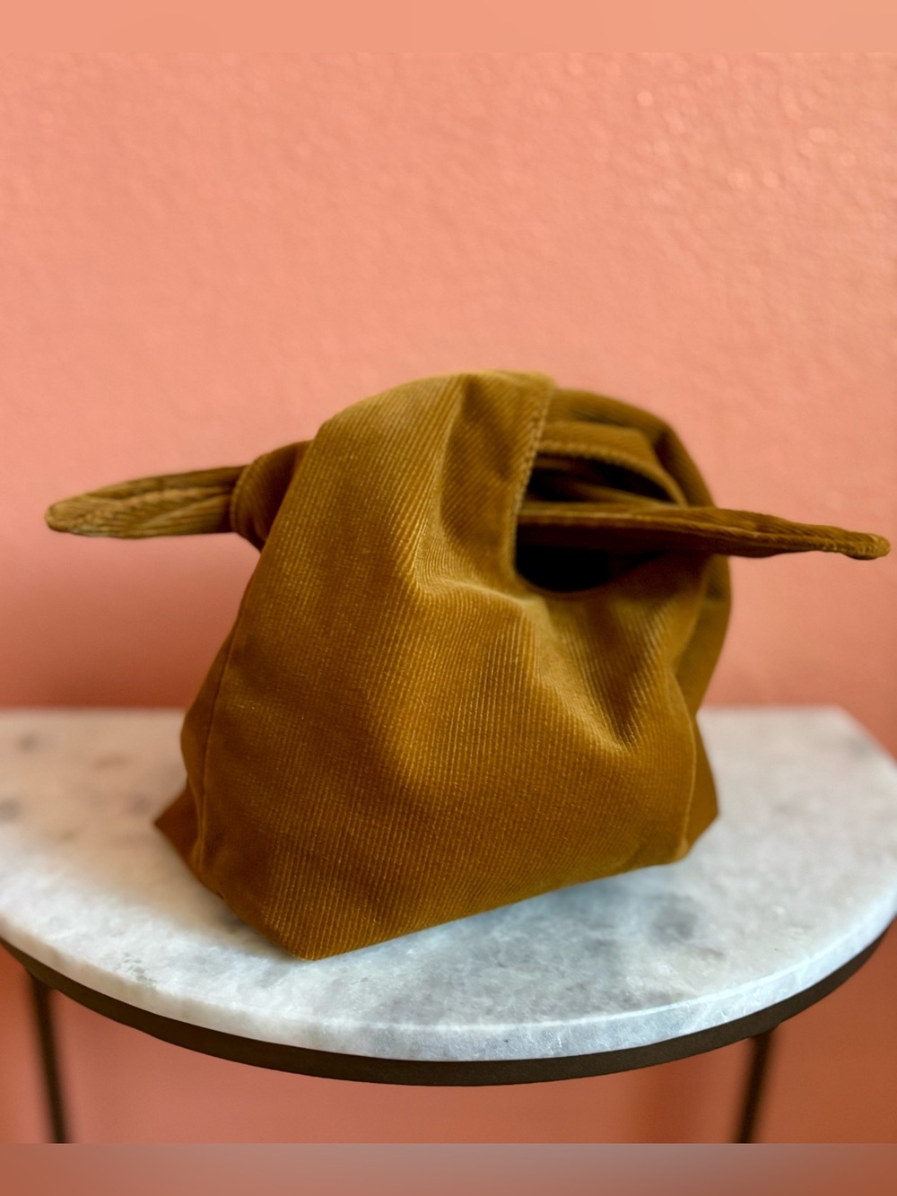 Knot-Top Corduroy Wristlet Clutch in Mustard